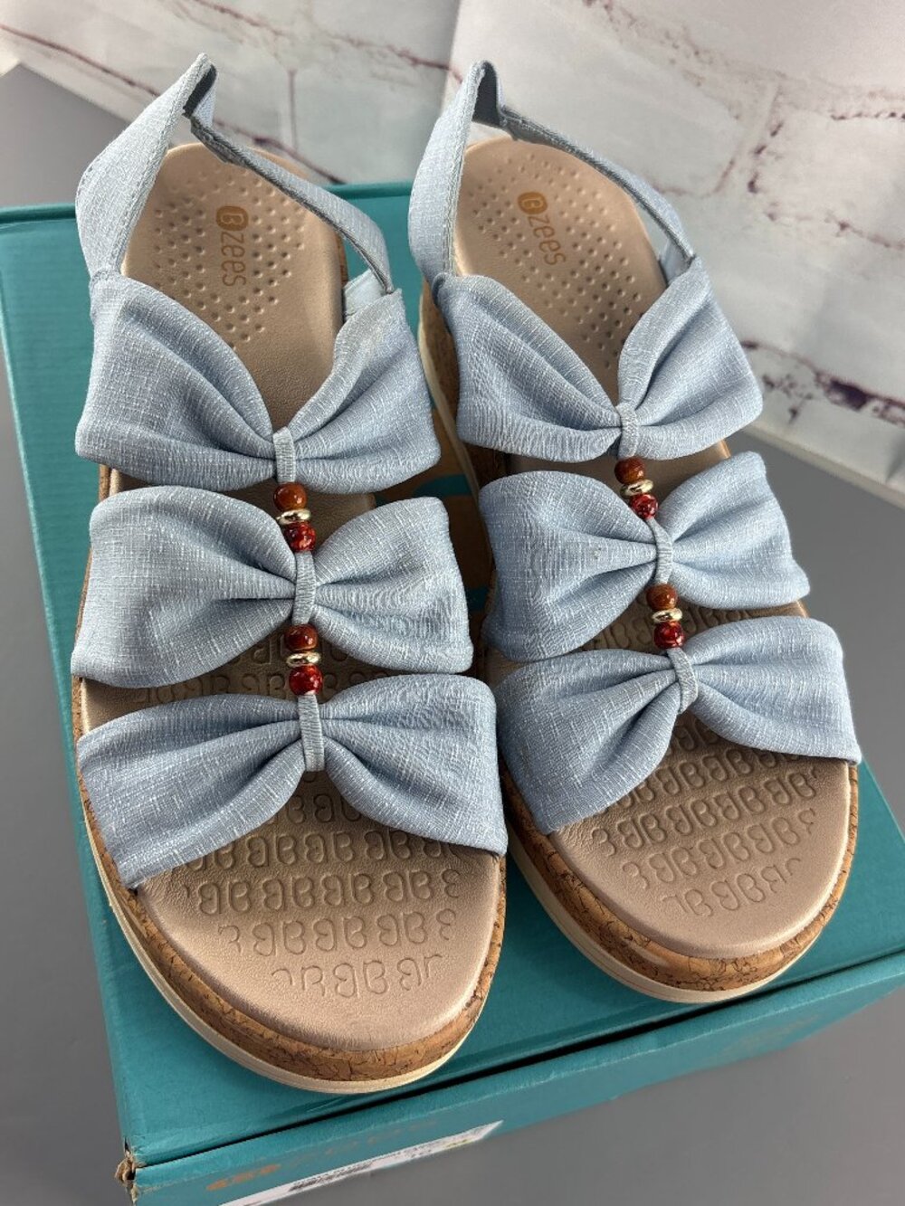 Bzees Cloud Roma Cork Wedge Beaded Washable Slip-On Sandal Blue Women's SZ 10 M